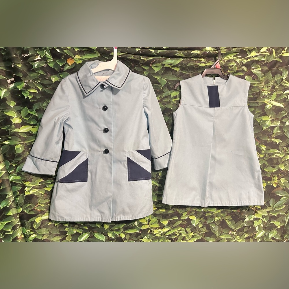 Vintage 1960s Childs Mod Shift Dress And Matching Coat Handmade Girls 3/4 Blue